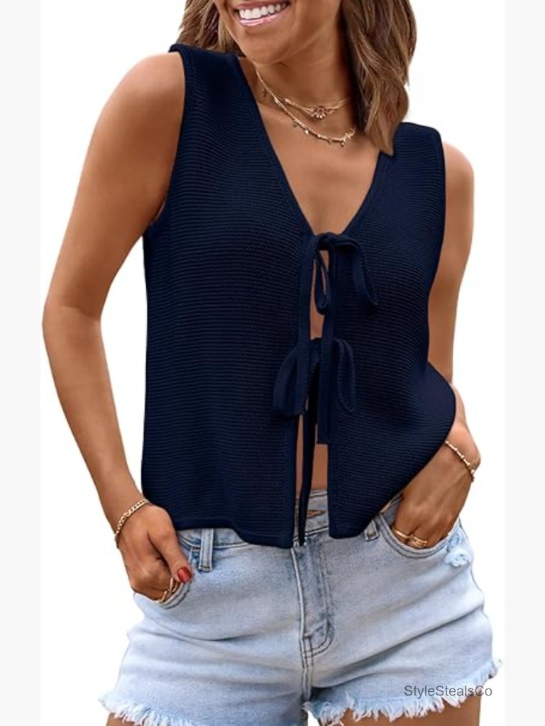 Crochet Sleeveless Vest Tie Front Summer Tank Top Beach Vacation Y2k Trendy